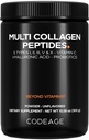 Codeage Multi Collagen Peptides Powder + Probiotiká Black Edition, Vitamín C, Kyseliny hyalurónovej Supplement, Grass-Fed, Hydrolyzed, Zero Carbs, Typ I, II, III, V & X, Unflavored, 10.58oz