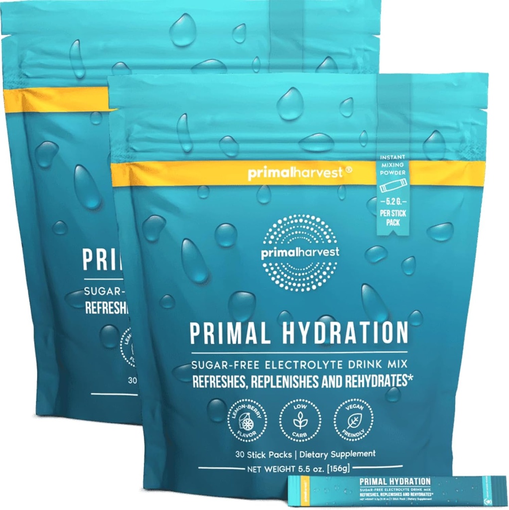 Primal Harvest Electrolytes Powder Pakets Primal Hydration, Easy Open Pakets, Energy Drink Mix 2 Balíčky (Lemon Berry, 60 Balíčky)