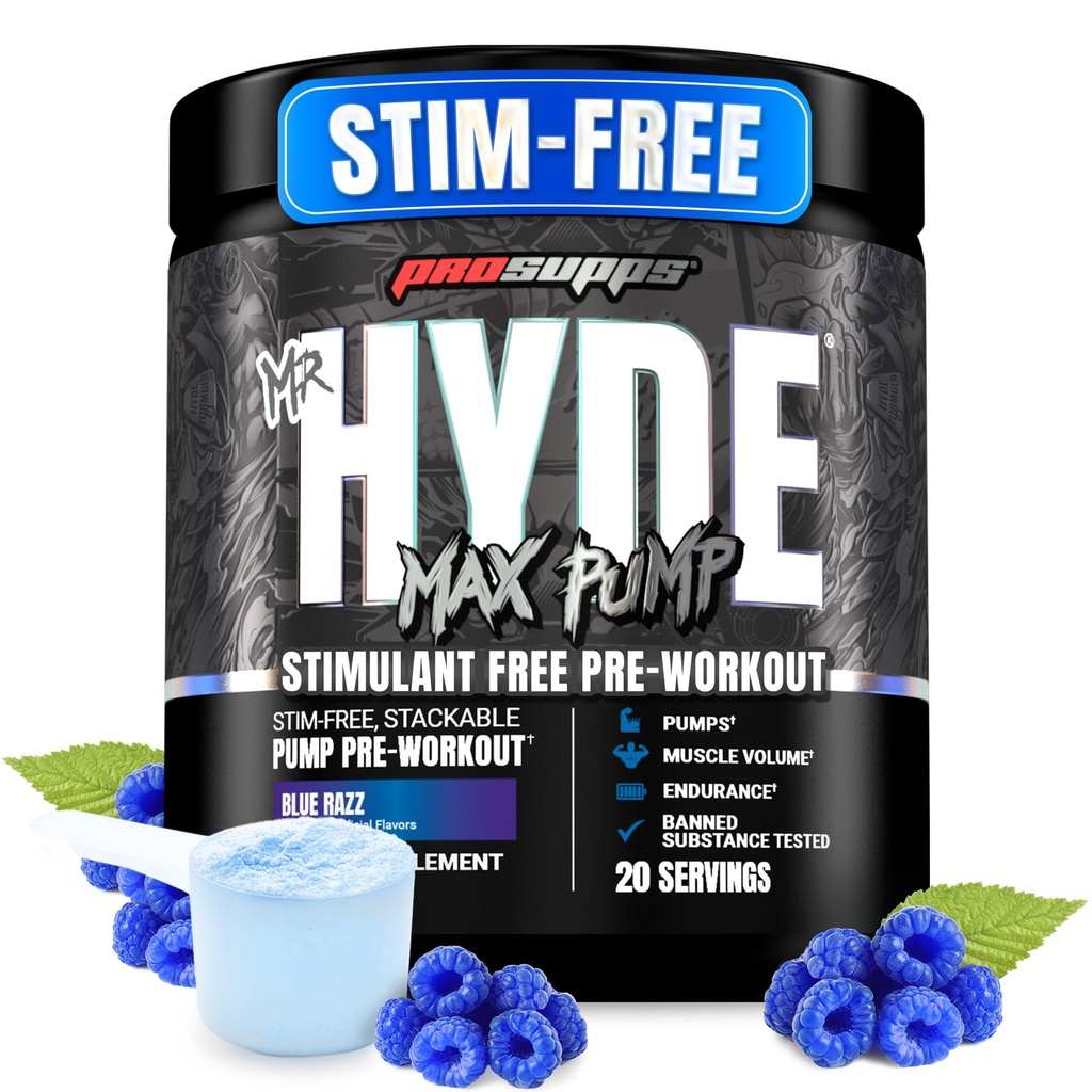 ProSupps Mr Hyde Max Pump Pre Cvičenie Powder - Stim-free Preworkout podporuje prietok krvi, objem svalov a vytrvalosť - Kofeín-bez oxidu dusnatého Gym & Fitness doplnky (Modrý Razz, 20 Servis)