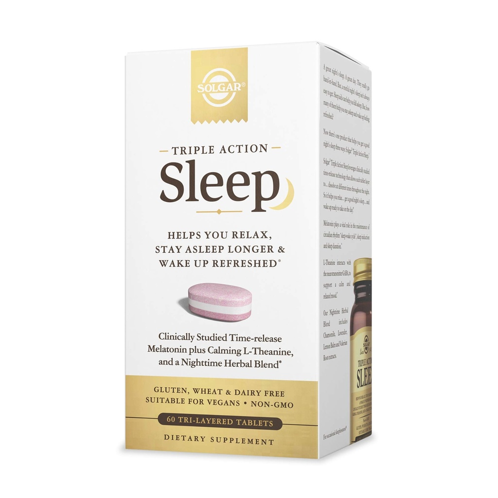 Solgar Triple Action Sleep, 60 Tri-Layer Tablety - Time-Release Melatonin & L-Theanine Plus Herbal Blend - Pomáha vám relaxovať, spadnúť Asleep Fast & Stay Asleep longer - Non-GMO, Gluten Free - 60 Servings
