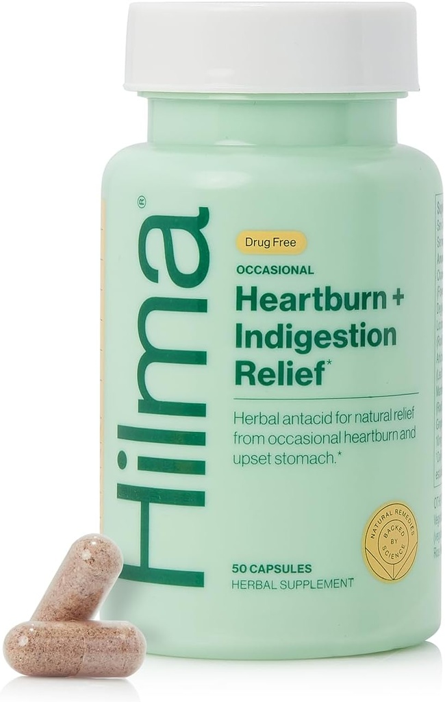 Hilma Heartburn & Indigestion Relief, Natural Antacid for Occasional Acid Reflux & Heartburn, Ginger, Chamomile, Marshmallow Root and More, Doctor-Formulated and Clinically-Studied, 50 Vegan Capsules
