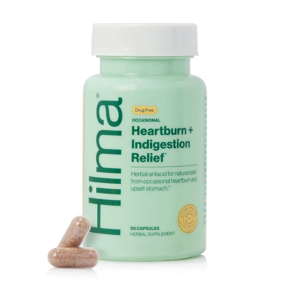 Hilma Pálenie záhy a poruchy trávenia Relief, Prírodné antacidum pre príležitostný reflux kyseliny a pálenie záhy, zázvor, harmanček, Marshmallow Root a ďalšie, doktor-formulované a klinicky študované, 50 Vegánske kapsuly