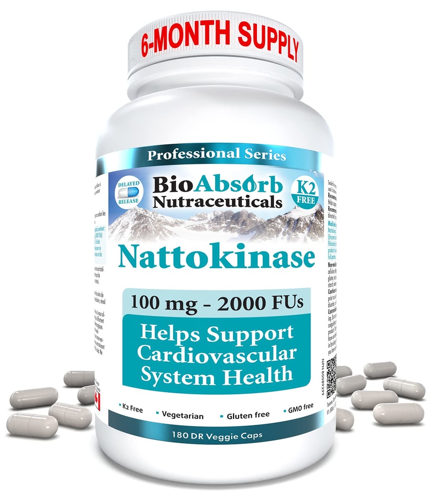 Bio Absorb Nattokináza Supplement. 100 mg, 2000 FUs. 6-Mesiac. Non-GMO Natto Extract Enzyme (180 Veggie Caps)
