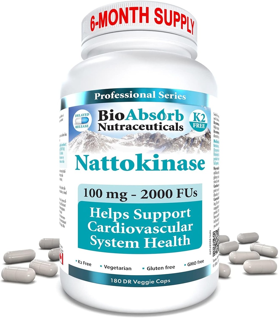 Bio Absorb Nattokináza Supplement. 100 mg, 2000 FUs. 6-Mesiac. Non-GMO Natto Extract Enzyme (180 Veggie Caps)