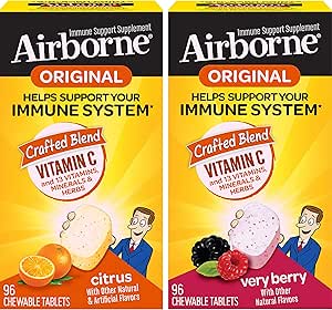 Airborne 1000mg Vitamín C Žuvacie tablety Citrus & Very Berry Flavor Bundle - Immune Support Supplement with Zinc and Výkonný Antioxidant Vitamíny A & E, (2x96ct fľaštičky)