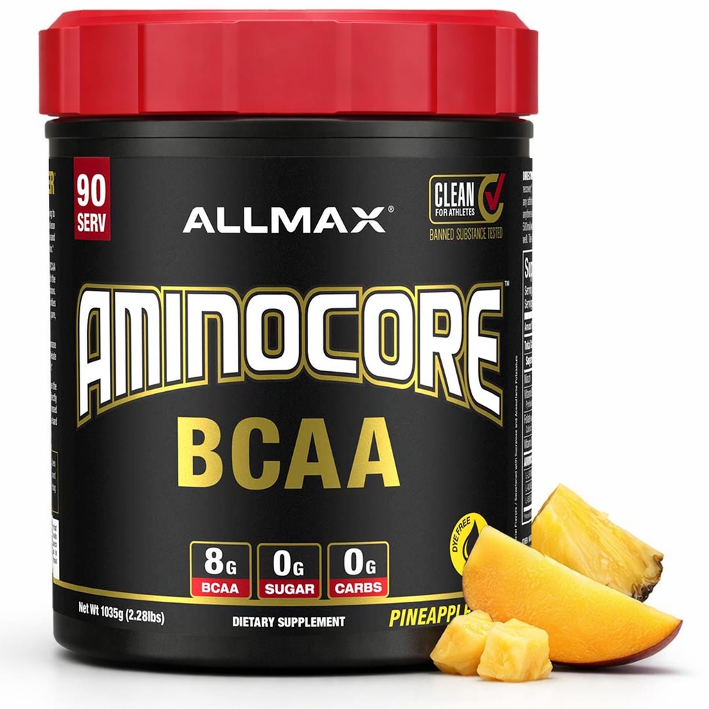 ALMMAX Nutrition AMINOCORE BCAA, Ananás Mango - 945 g prášok - 8.18 Grams Amin s rozvetveným reťazcom kyselinami na podávanie - s B vitamínmi - bez výplne alebo non-BCAA Aminos - bez cukru - 90 porcií