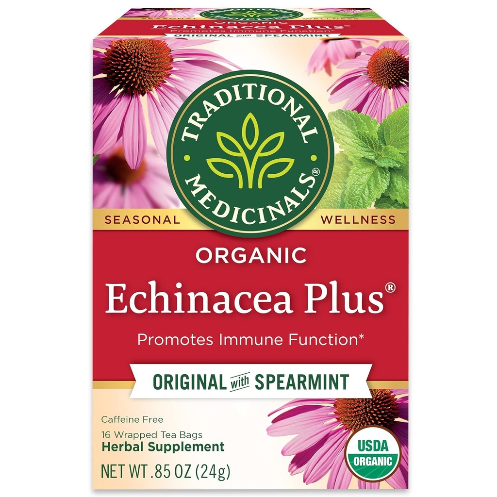 Tradičné lieky Organická Echinacea Plus s Spearmint Bylinný čaj, podporuje imunitné funkcie, (Súbor 1) - 16 Čajové tašky