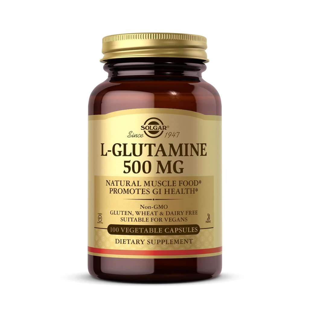 Solgar L-Glutamine 500 mg - 100 Rastlinné kapsule - Natural Muscle Food - Non-GMO, Vegan, Gluten Free, Dairy Free, Kosher - 33 Servivné služby