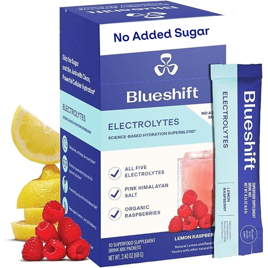 Blueshift Electrolytes - Natural Electrolytes Powder Pakets, Organic Hydration Pakets, Electrolyte Drink Mix Sticks with No Sugar, Single Serve Pack - Citrónová malinová príchuť, Powder Sticks (10 Balenie)