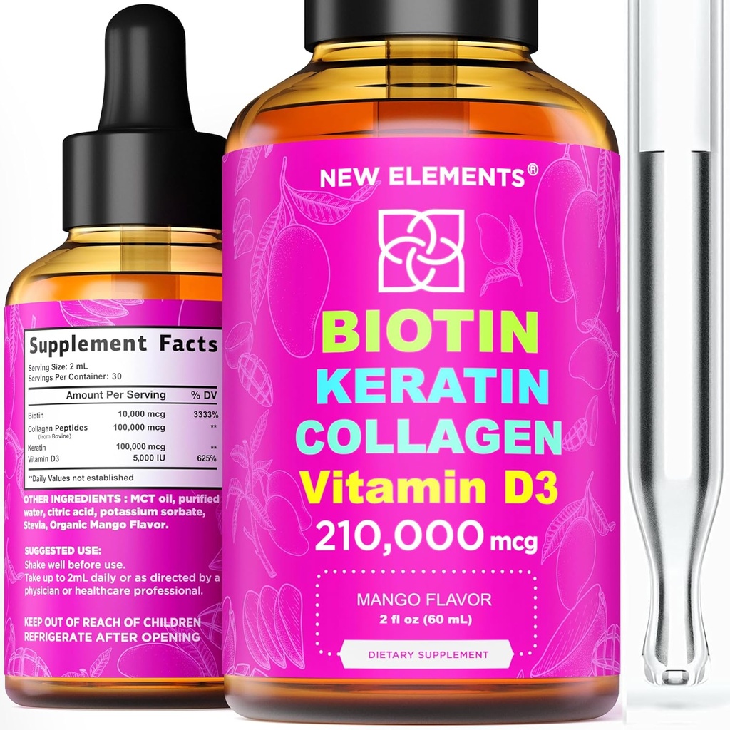 Tekutý biotín keratín Kolagén Peptidy a vitamín D3 pre rast vlasov MCT olej kvapky 210 000mcg 