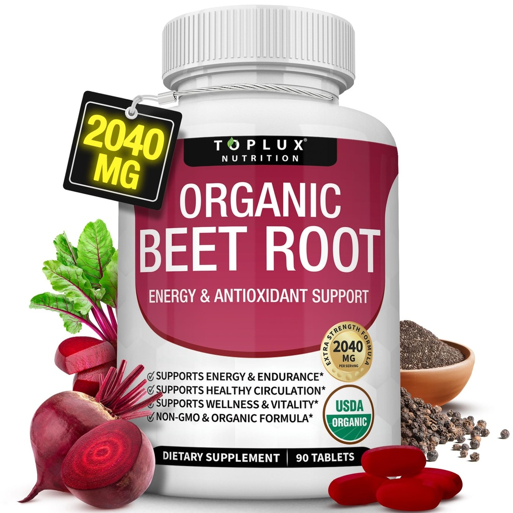 Organická Beet Root Powder Tablets - 2040mg Prírodný oxid dusnatý Repy na podporu, Energia, čierne korenie Lepšie vstrebávanie, non-GMO, pre mužov Ženy, 90 Tablety