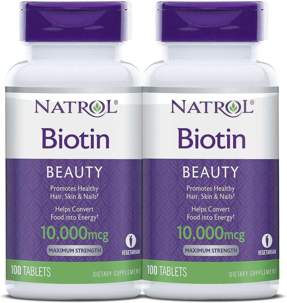 Natrol Biotin Beauty Tablety, podporuje zdravé vlasy, koža a nechty, pomáha podporovať metabolizmus energie, pomáha previesť potraviny do energie, maximálna sila, 10 000mcg, 100 počet (Stock of 2)