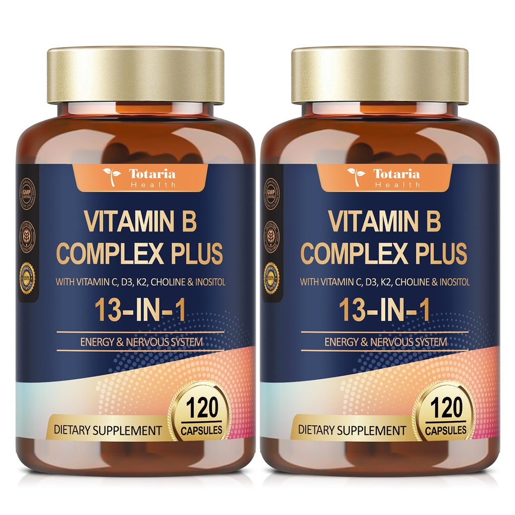 13-v-1 vitamín B komplex Plus s vitamínom B1, B2, B3 (Niacín), B4, B5, B6, B7 (Biotín), B8 (Inozitol), B9 (Folát), B12, C, D3, K2 pre energiu, Nerve, Immune, koža - 120 Caps per fľašu - 2 fľaše