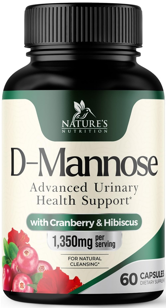D- Mannose Supplement 1,350 mg with Cranberry & Hibiscus - Efektívne fast-Acting, Flush Nečistoty pre prírodný močový mechúr, močových ciest podpora zdravia, pre ženy a mužov, non-GMO, Vegan, 60 Kapsule