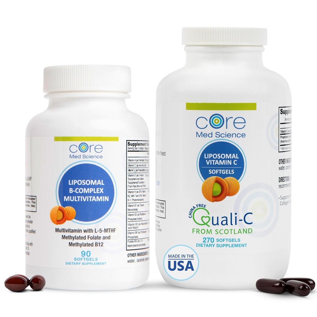 Základné Med Science Lipozomálne vitamín B- Complex a vitamín C 1000mg mäkké gély Bundle pre zdravie srdca a imunitný systém