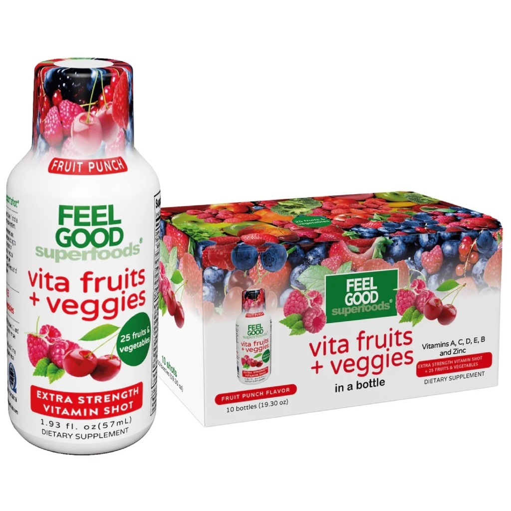 Feel Good Superfoods Vita Fruits and Veggies Immune Support Shot Supplements, Fruit Punch Flavor, Balenie 10 Imunity Shots, Imunity System Booster Drink Vyrobené s 25 Organické ovocie a zelenina
