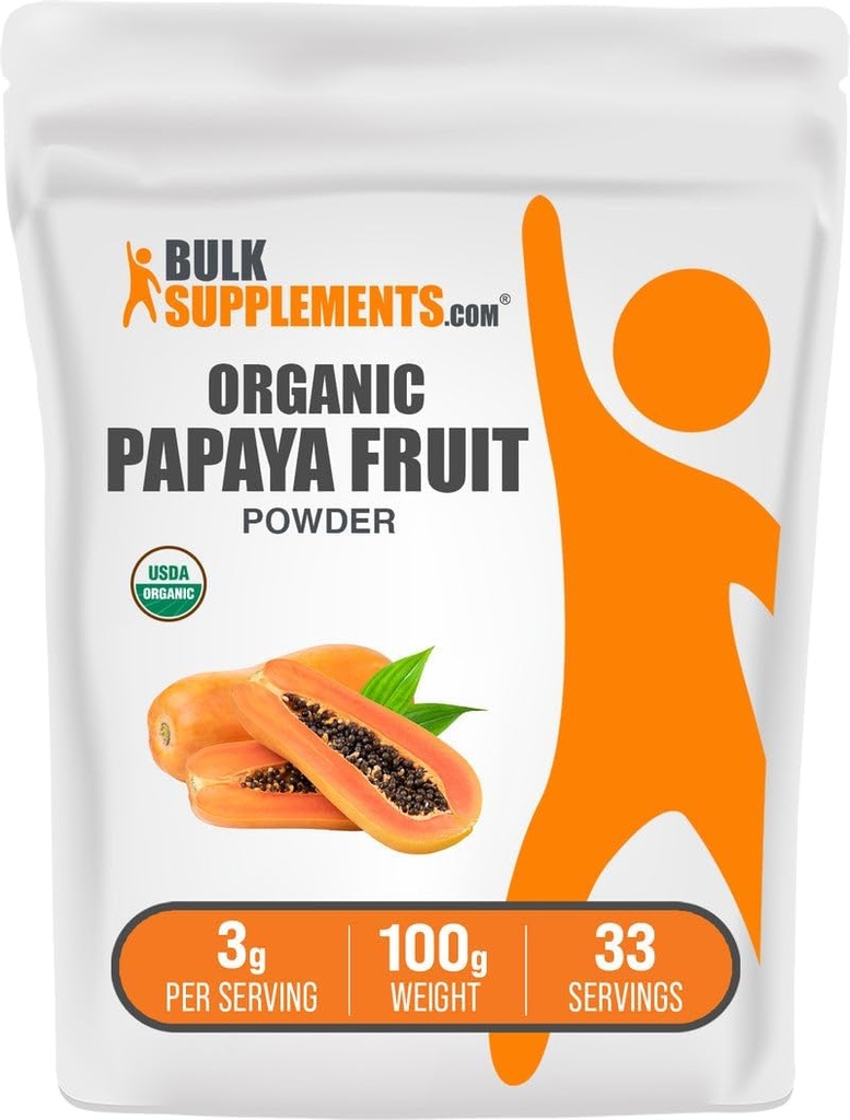 BulkSupplements.com Organic Papaya Fruit Powder - Ochutený prášok, Zdroj z Carica Papaya Fruit - Gluten Free, 3g per Serving, 100g (3,5 oz) (Pack of 1)