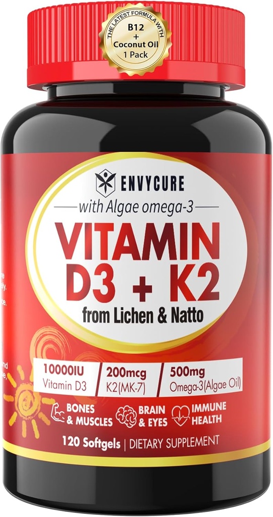 Rastlinné vitamín D3 K2 doplnok softgel - Vit D3 10000 Iu + vitamín K2 Mk7 200 Mcg, Algae Omega-3, horčík, vitamín B12 pre kosti a svalovinu, imunitná podpora, maximálna absorpcia, ľahko prehltnúť 1 balenie