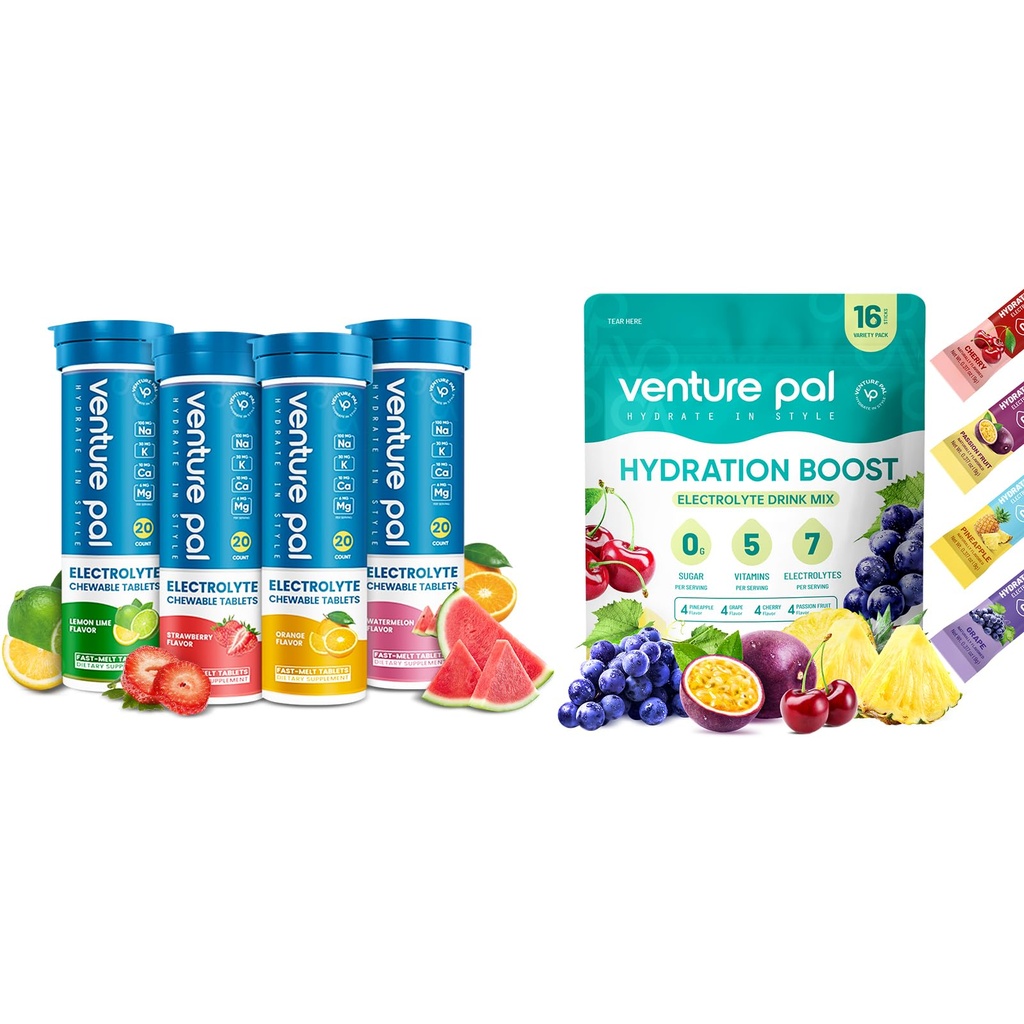 Venture Pal Sugar Bezplatne Electrolyte Powder Pakets & Chewable Fast-Melt Electrolyte Tablety, Sport Electrolyte pre beh turistiky Cyklistika Športové výživu...