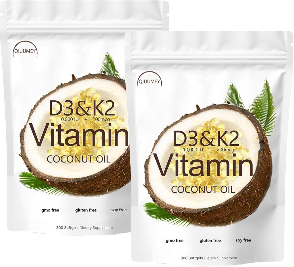 D3 + K2 Mäkké gély kokosového oleja, vitamín D3 10000 iu Plus K2 (MK-7) 200 μg, vitamín D3 K2 Supplement Softgels, Replenish Vitamín D3 K2 Softgels 300 Gels