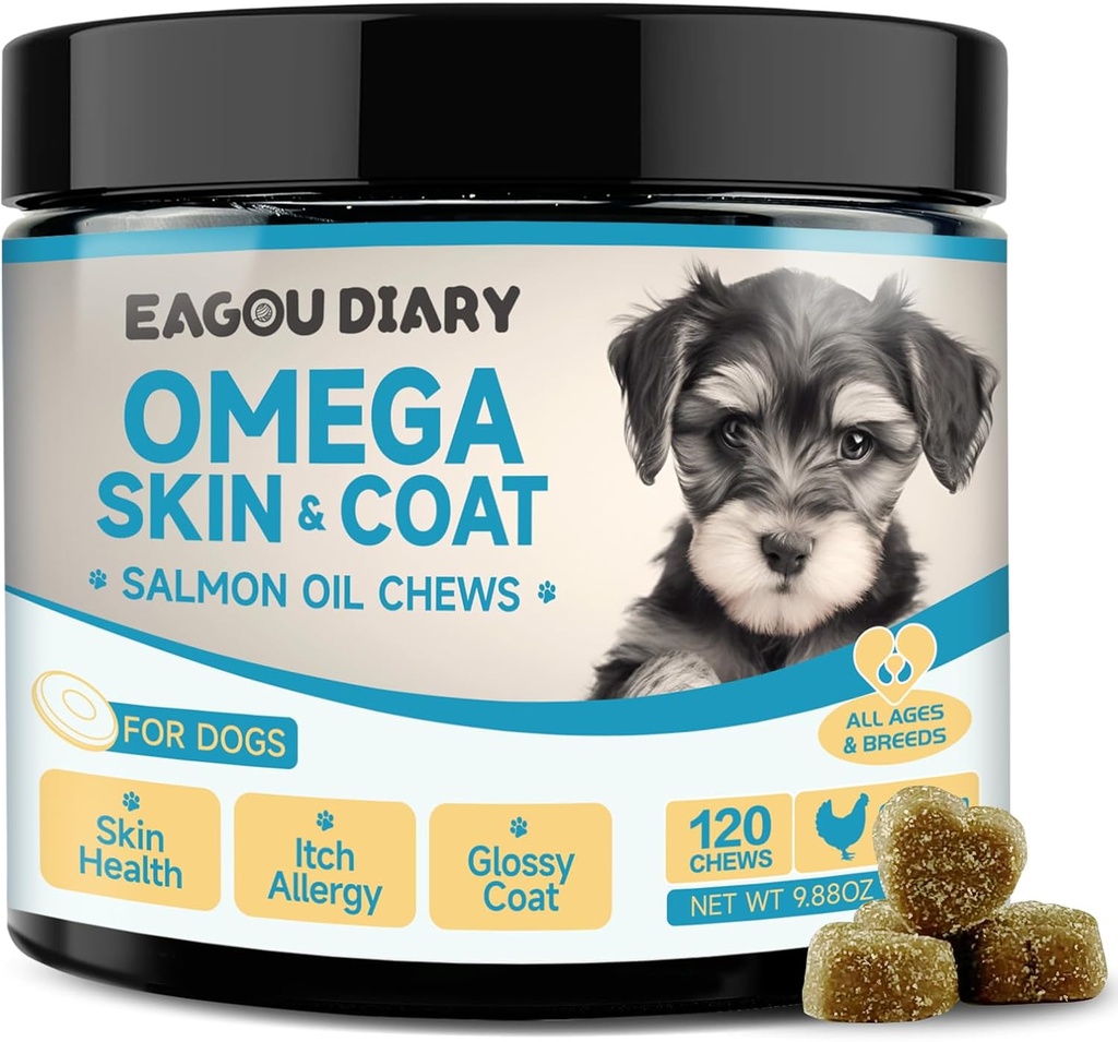 EagouDiary Salmon Oil Chews for Dogs,Omega 3 Skin & Coat Supplement for Dogs with EPA & DHA Mastné kyseliny,Angelica, Metionin, Vitamins,Minerals for Ichy Skin & Allergy Relief (120Ct)