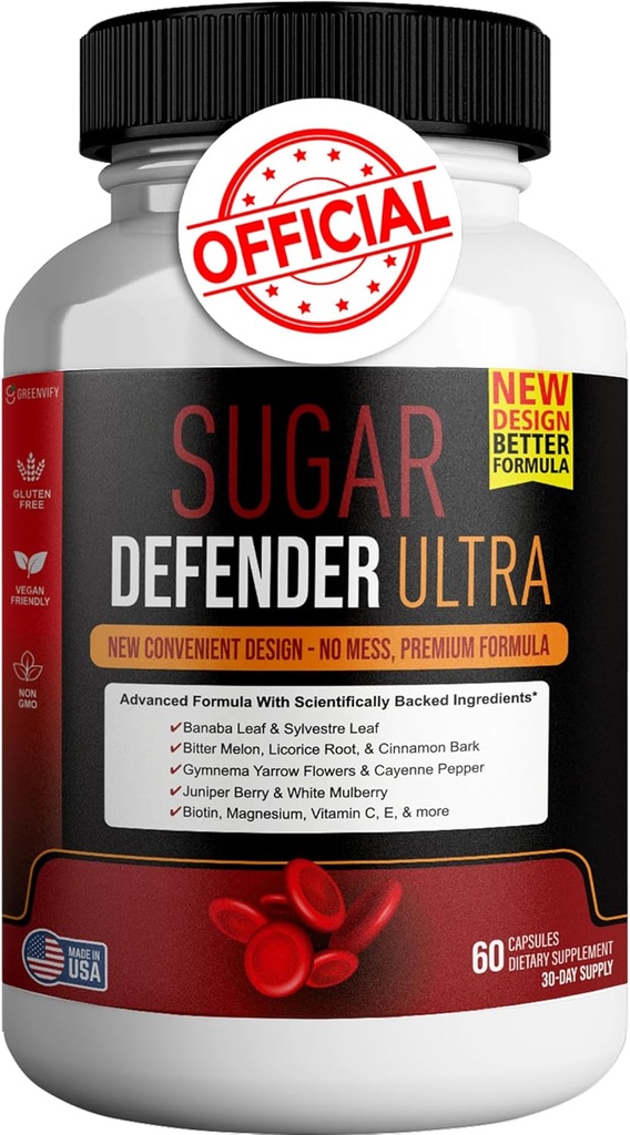 Sugar Defender Ultra - Advanced Formula s vitamínmi, minerálmi, Banaba Leaf, a viac - 60 Kapsule, Vegan, Non-GMO, Gluten-Free (1)