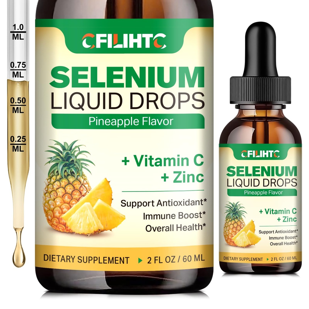 Tekuté kvapky selénu, 200 μg tekutého selénu s vitamínom C a zinkom, podpora imunitného systému, antioxidant a zdravie srdca, vysoká absorpcia, ananásová aróma, 2 Fl Oz