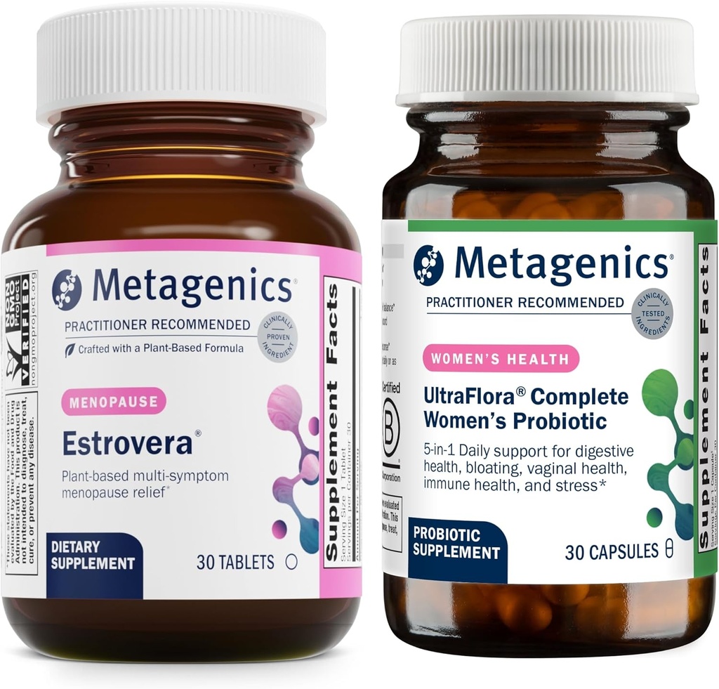 Metagenics HerWellness Estrovera (30 tabliet) a UltraFlora Kompletné dámske probiotiká (30 kapsúl) - Hormone-free Menopauza Podpora - Aids Tráviace zdravie