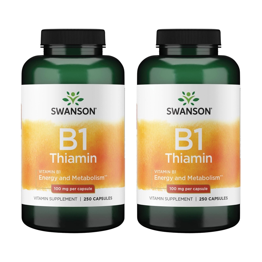 Swanson Vitamín B1 (Thiamin) - Podporuje zdravý metabolizmus a poskytuje podporu energie - Prírodný vitamín doplnok podporujúci optimálne Nervové bunky funkcie - (250 kapsuly, 100mg Každý) (2 balenie)