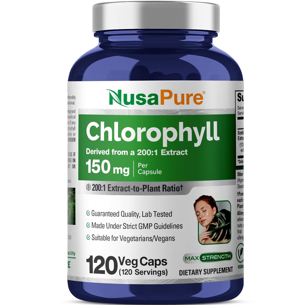 NusaPure Chlorofyl 200:1 extrakt, 150 mg ekvivalent k 30 000 mg na kapsulu 120 vegetariánskych kapslí (non-GMO, Vegan)