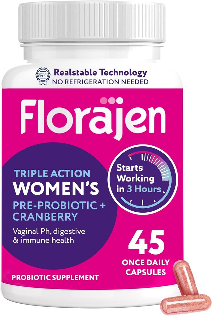 Florajen Ženské probiotické, Prebiotické, & brusnice doplnok pre vaginálne zdravie, Imunitná podpora, & Tráviace wellness - 30-Count