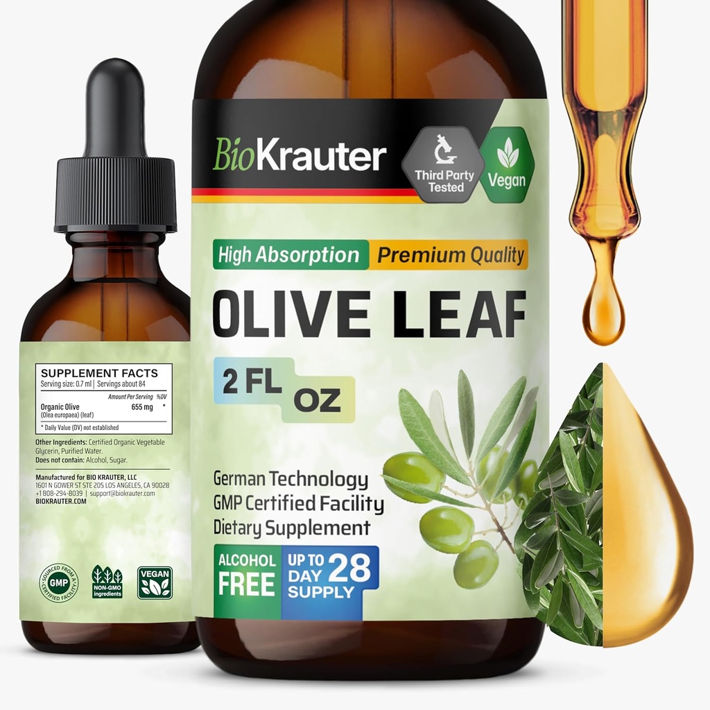 BIO KRAUTER Olive Leaf Extract Liquid - Olive Leaf Tinture for Immune Support - Alkohol a cukor bez - Vegan kvapky 2 Fl.Oz.