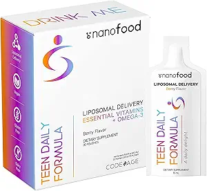 Codeage Multivitamíny pre dospievajúcich, tekutý vitamín C pre tínedžerov, vitamín A B6 B12 D3 E pre deti, biotínový zinok Omega-3 Folát, Lipozomálne vitamíny doplnok, jeden denný sacht, Vegan, non-GMO, 30 Pouches