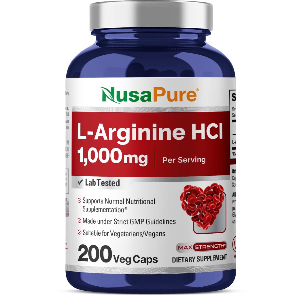 NusaPure L-arginín 1000 mg 200 Veggie Kapsule (Non-GMO, Vegetarian, Vegan)