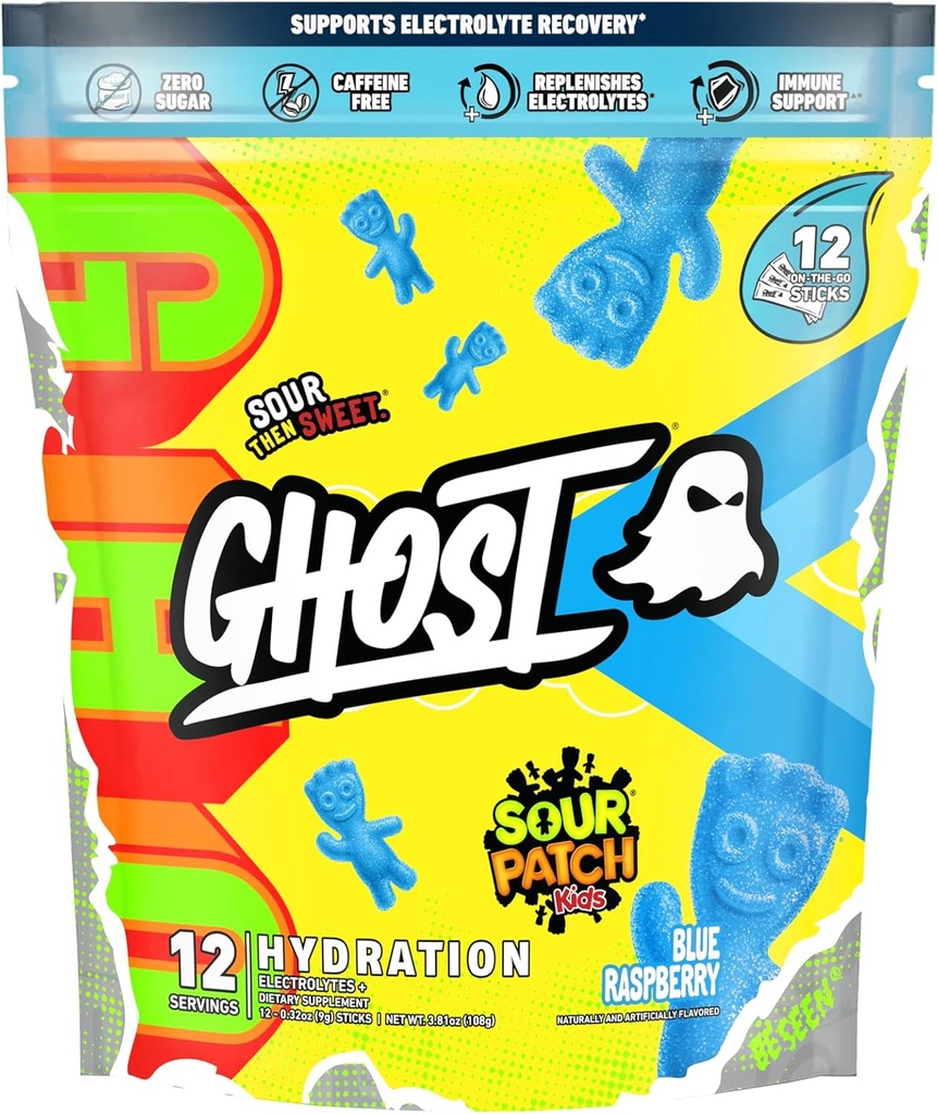 GHOST hydratačné balíčky, kyslé Patch deti modrá malina, 12 tyčinky, Electrolyte prášok - nápoj Mix doplnok s horčíkom, draslík, vápnik, vitamín C - Vegan, bez sóje, cukru a lepidla