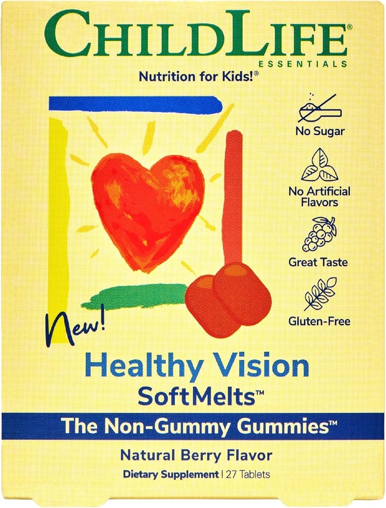 ČILDLIFE ESSIENTY Zdravé videnie mäkkéMelty - očné vitamíny pre deti, luteín Gummy, luteín a zeaxantín doplnky, očné zdravie Gummy, luteín deti, veľká chuť - prírodné Berry, 27 tabliet