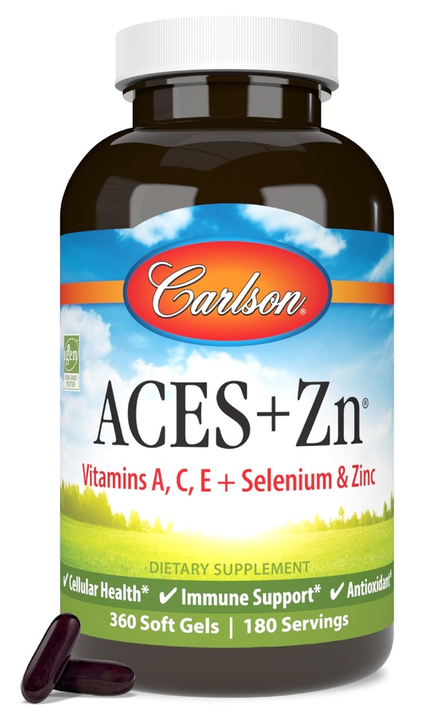 Carlson - ACES + Zn, vitamíny A, C, E + selén a zinok, multivitamín so zinkom, bunkové zdravie a imunitná podpora, selénový multivitamín, antioxidant, 360 softgelov