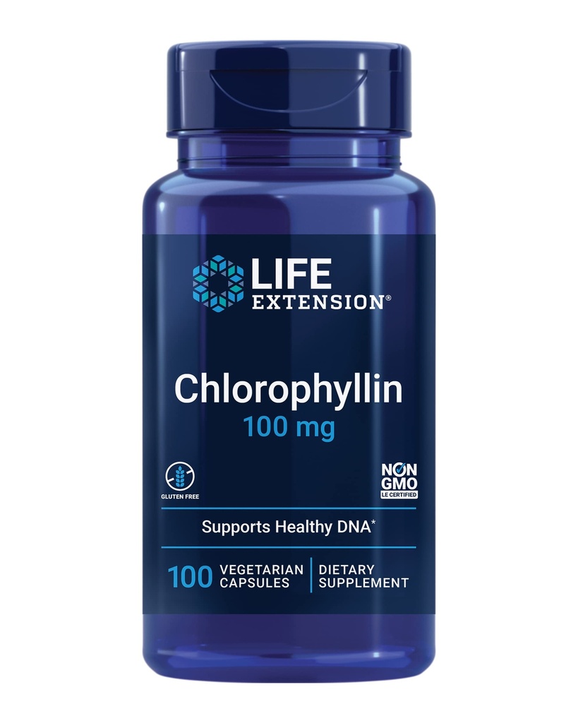 Extension Life Chlorofylín, antioxidant a DNA Health Support, Gluten-free, non-GMO, Vegetarián, 100 Vegetariánskych kapsúl