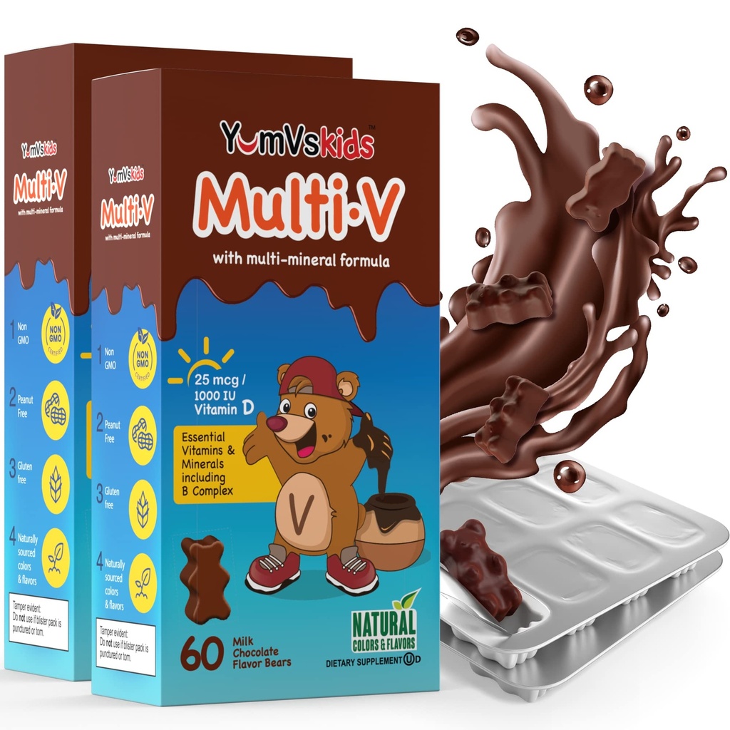 YUM-V'S - Deti Multivitamínové Žuvacie čokoládové medvede - Multivitamín pre deti doplnok - 16 Vitamíny a minerály - Vitamíny vrátane D, zinku, C, B komplexu a viac, 60 počet (Stock of 2)