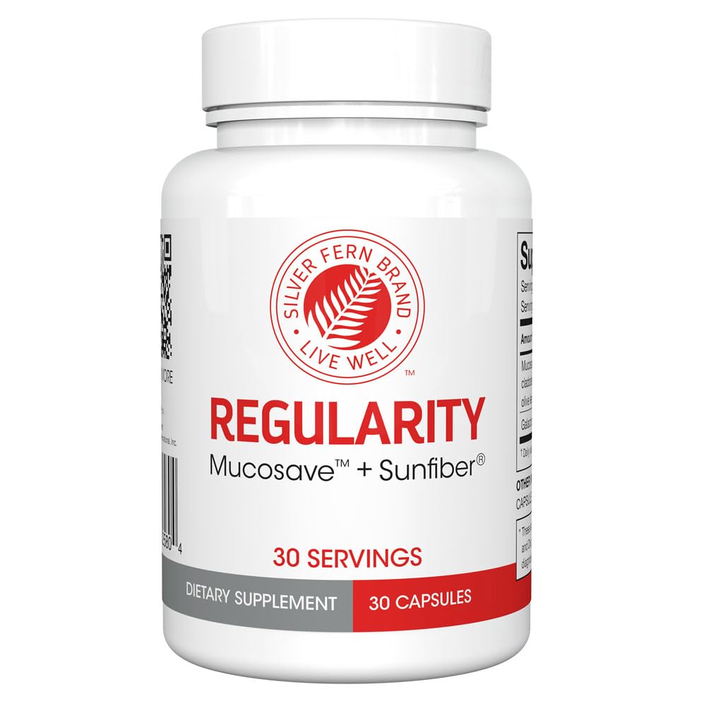 Silver Fern Regularity Digestive Supplement Kapsule Značka - 1 fľaša = 30 Kapsule = 30 Day Supply - Mucosave FG (Prickly Pear Polysacharidy a Olive Leaf Polyfenoly) & SunFiber