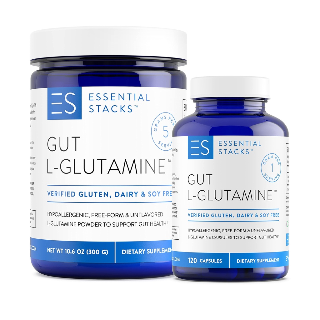 Essential Stacks L-Glutamine Domov & Away Bundle - L Glutamín prášok a kapsuly