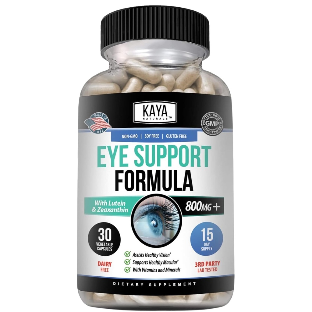 Kaya Naturals Eye Health Supplement, lutein and Zeaxantin, Vision Health, Eye Support 800 mg Vitamín Supplement 30 Kapsule
