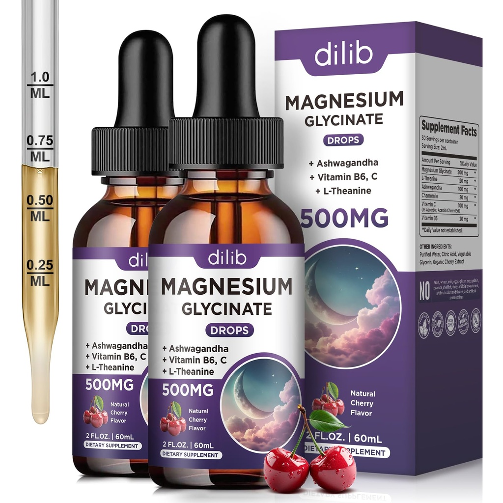 (2 balenia) Magnézium Glycinate Tekuté kvapky 500mg, s vitamínom B6, Ashwagandha, L - Theanine, harmanček, horčík Glycinate Supplement Vysoká absorpcia pre spánok, Stres, Energetická nálada - Cherry chuť