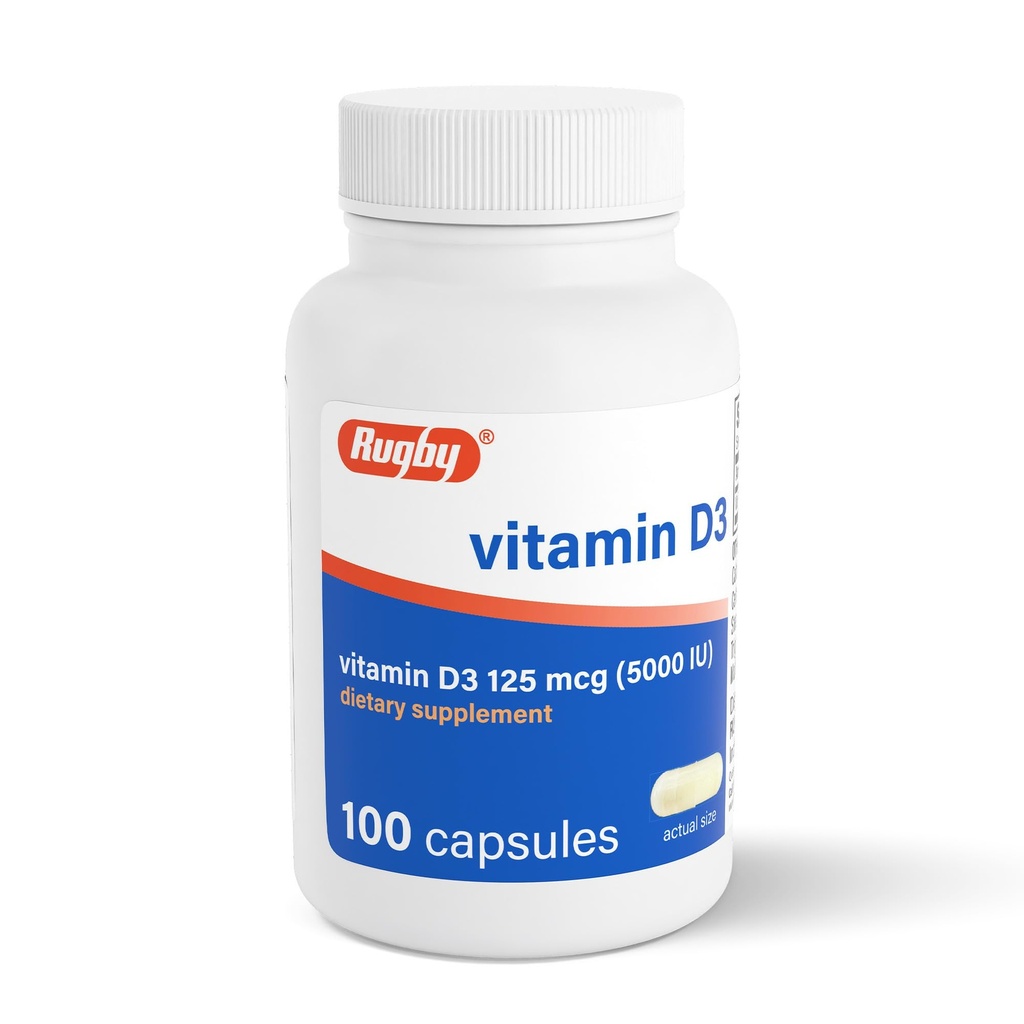 Rugby Vitamín D3 5 000 IU (125 μg) - Vitamín D Diétny doplnok pre kosti, zuby a imunitné zdravie, 100 kapsúl