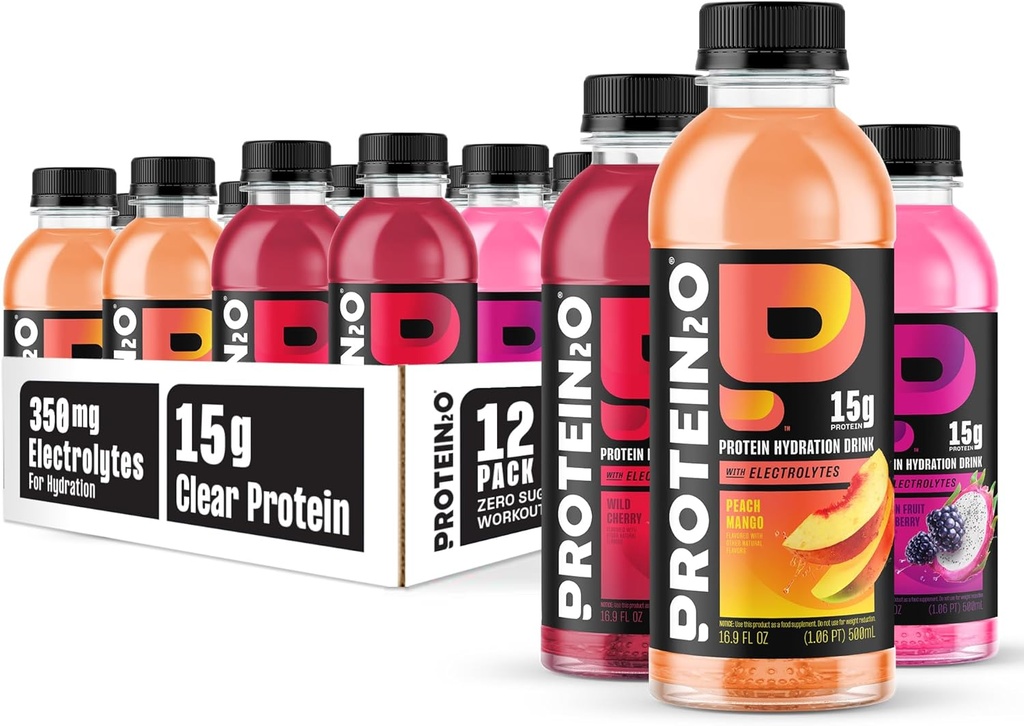 Protein2o Hydration Drink - 2-in-1 Liquid Clear Whey Protein Isolate and Electrolyte Drink - 15g Protein, Vitamins B5, B6 - Post-Workout Recovery - 16.9 Fl Oz - 12 Count Flavor Fusion Variety Pack
