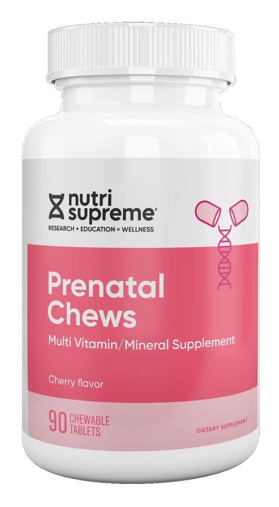 Nutri Supreme Prenatal Vitamín, Žuvacie prenatálne vitamíny pre ženy s 800 MCG folátu, Kompletné tehotenstvo Multivitamín so železom, Kosher, Cherry Flavor, 90 Počet