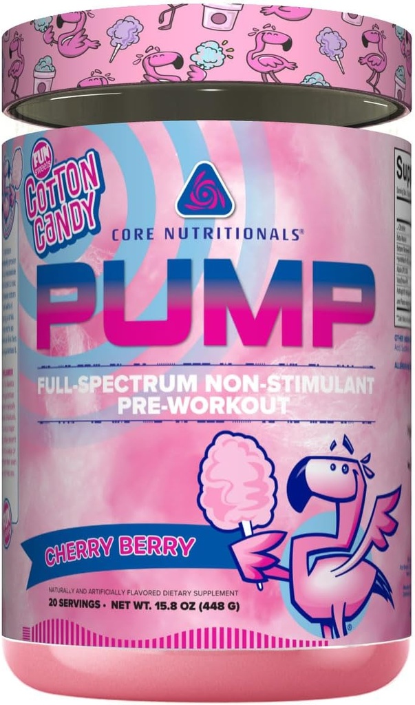 Core Nutritionals Pumpa Full-Spectrum Non-Stimulant Pre-Workout, s N03T Nitrate, Peak02, Alpha GPC, pre maximálne čerpadlo, sila, a výkon 20 Servings (Fun Sweets Cotton CandyTM Cherry Berry)