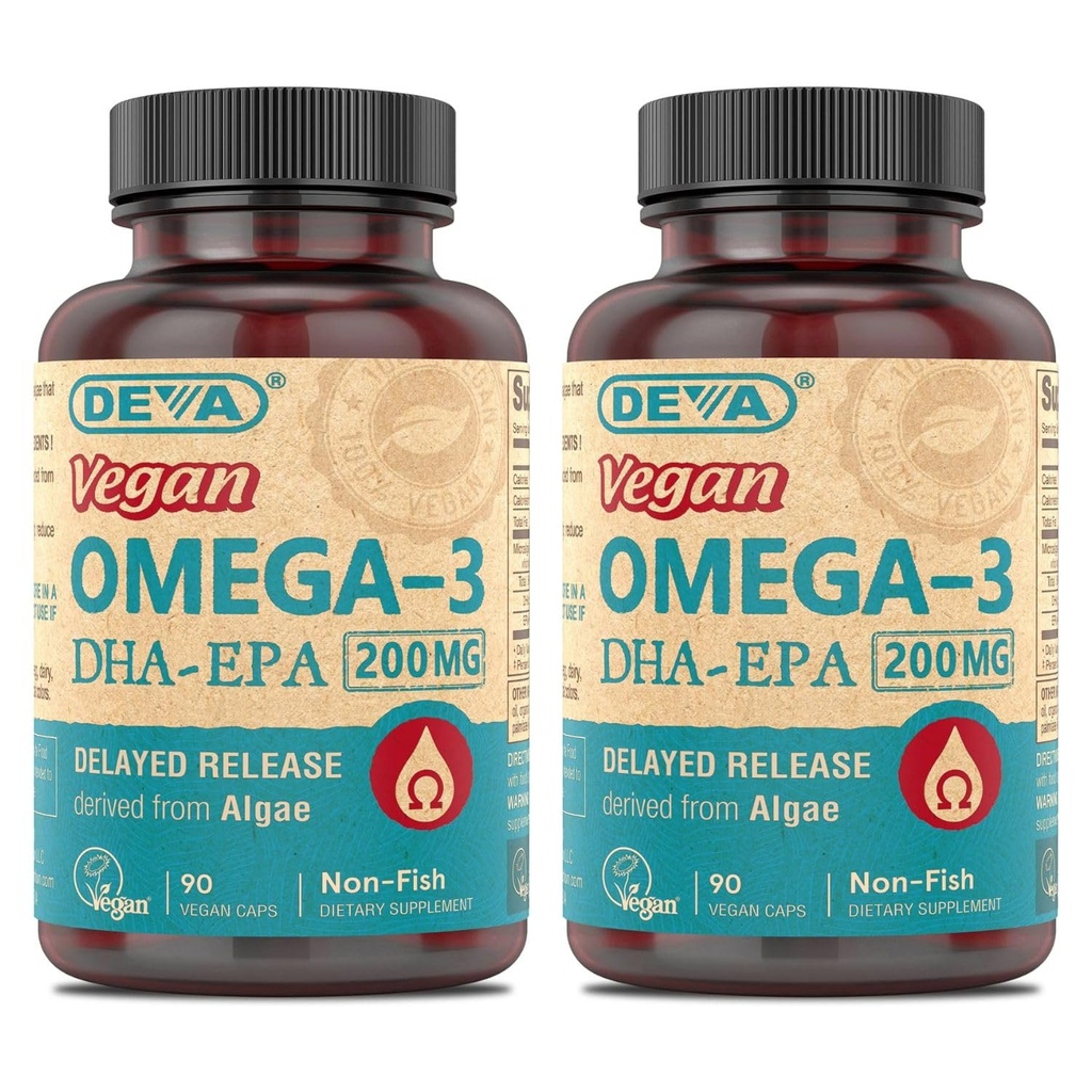Deva Vegan Omega-3 DHA-EPA, z Micro Algae, oneskorené uvoľnenie, 90 Vegan Capsules (Pack of 2)