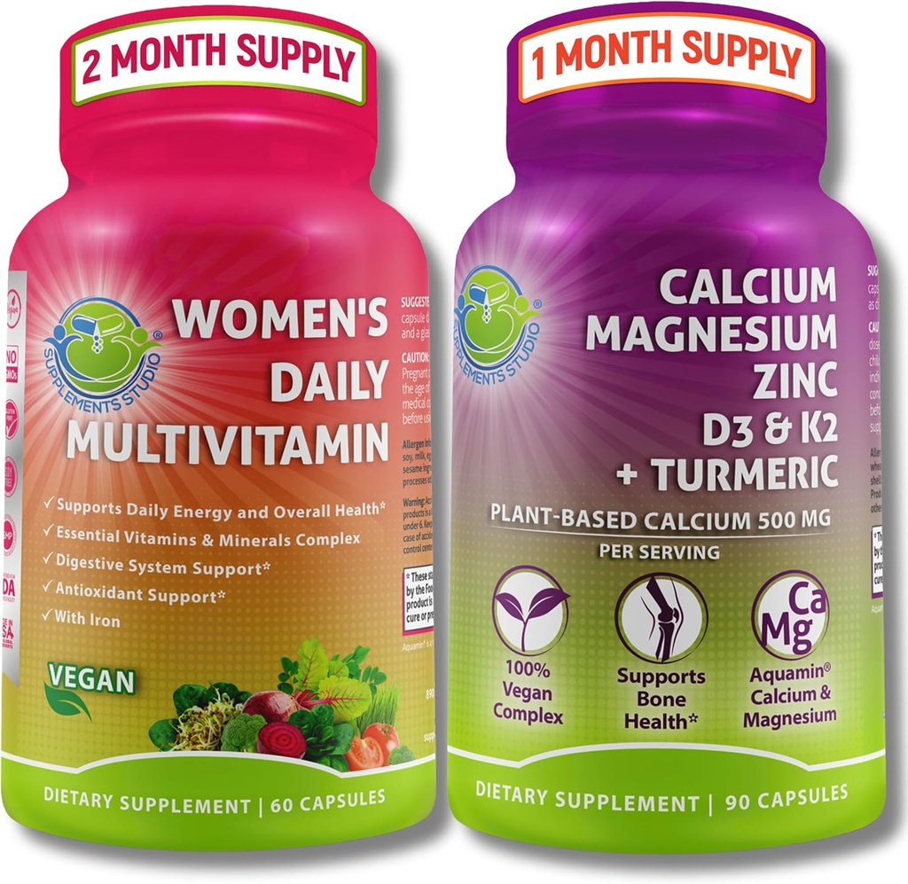 DOPLNKY ŠTÚDIO komplexný Wellness & Bone Health Bundle - Dámske denné multivitamíny so železom + Rastlinné vápnik, horčík, zinok, D3, K2 & Turmerica - Vegan, non-GMO, čisté zložky