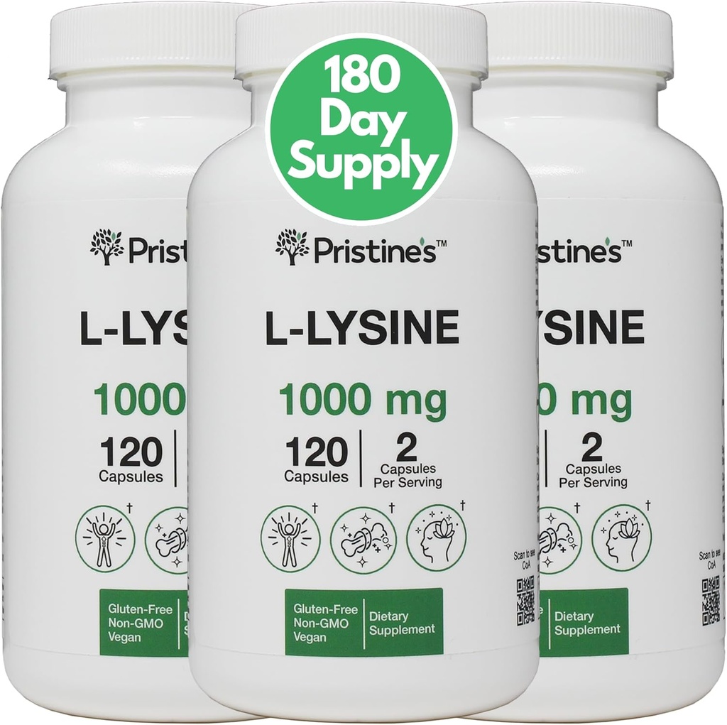 Pristinine L Lysin 1000 mg (3 balenia) Lip & Gum Zdravie Esenciálna Amino Acid Imunita podpora Doplnkové kapsule -180 Day Supply Muscle & Tissue Support - Collagen Production - Vegan Gluten Free Non GMO